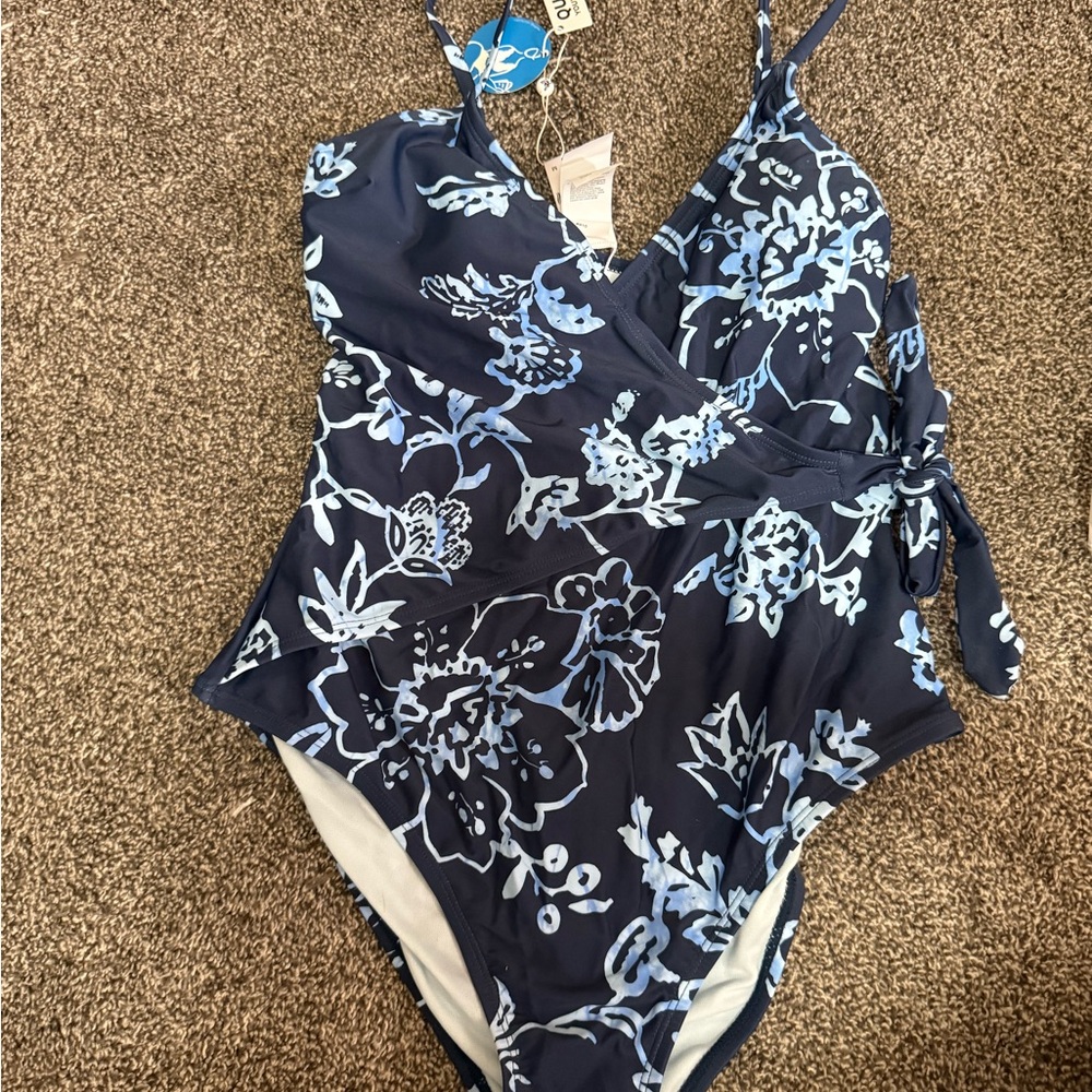 Cupshe Navy and Light Blue Floral Wrap One-Piece Swimsuit - Picture 2 of 6